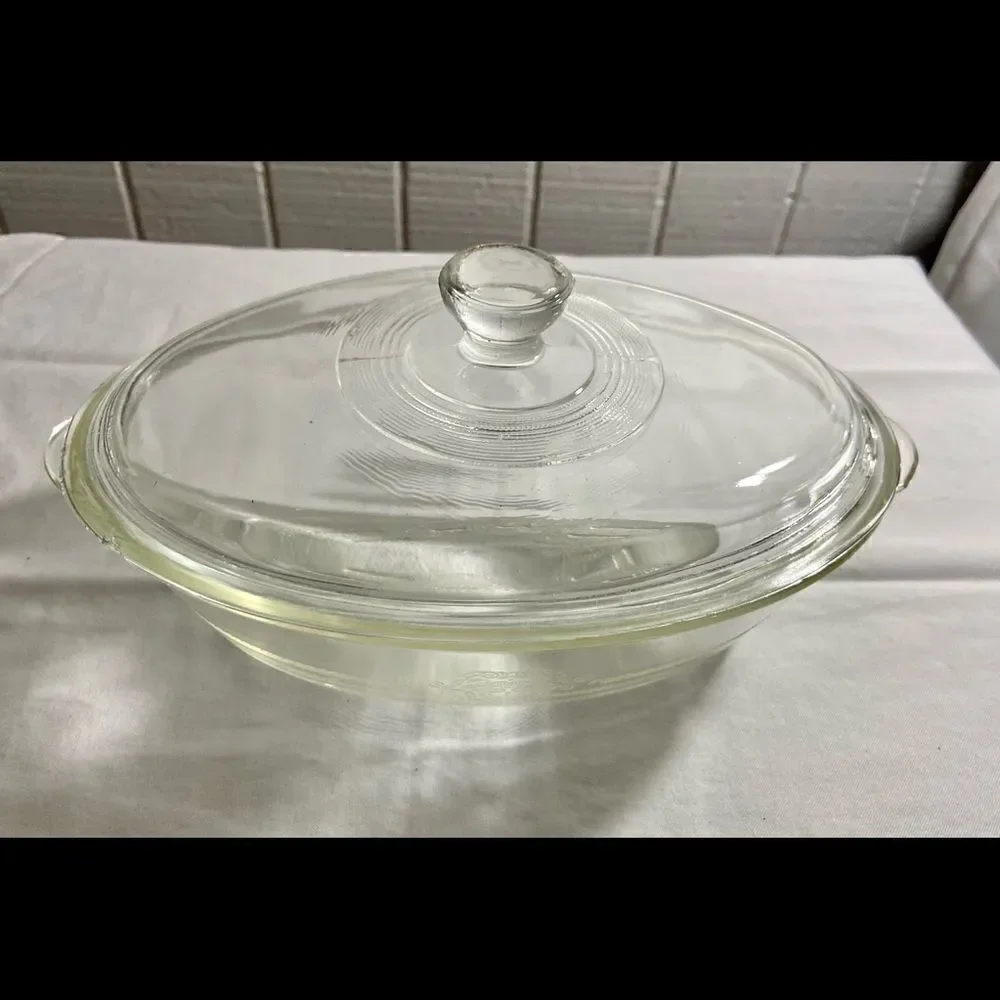 Vintage GLASBAKE Oval Dish and Lid Clear Etched Design. Used In Upcoming Film!